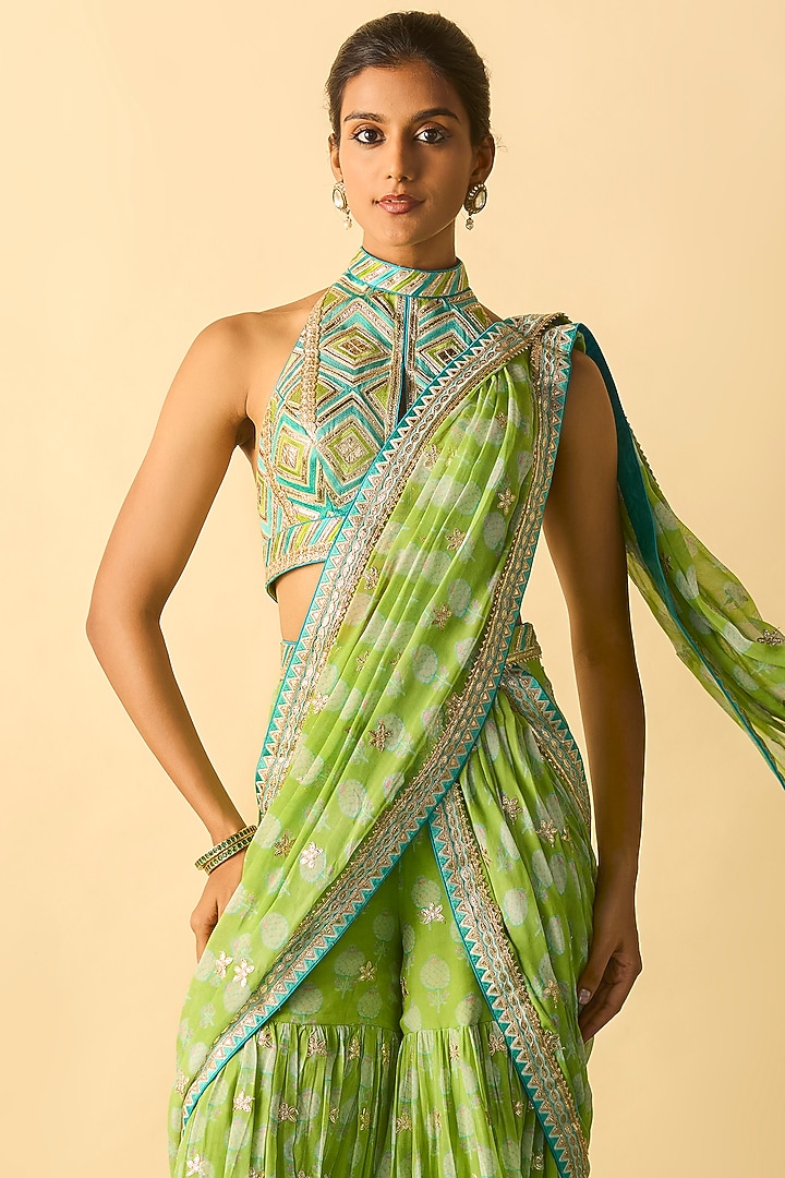 Lime Green Georgette Polka Dot Printed Sharara Wedding Saree Set by Gopi Vaid at Pernia's Pop Up Shop