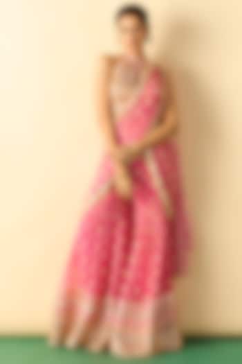Rani Pink Georgette Polka Dot Printed Sharara Wedding Saree Set by Gopi Vaid at Pernia's Pop Up Shop