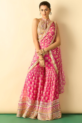 Rani Pink Georgette Polka Dot Printed Sharara Saree Set by Gopi Vaid