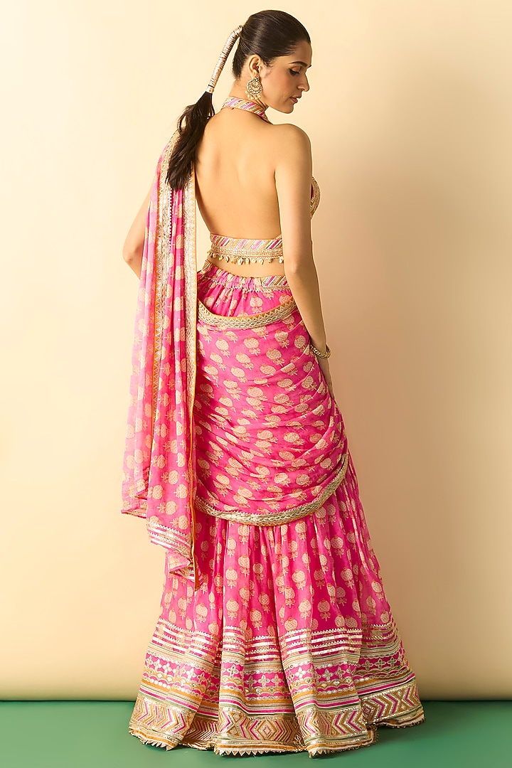 Rani Pink Georgette Polka Dot Printed Sharara Wedding Saree Set by Gopi Vaid at Pernia's Pop Up Shop