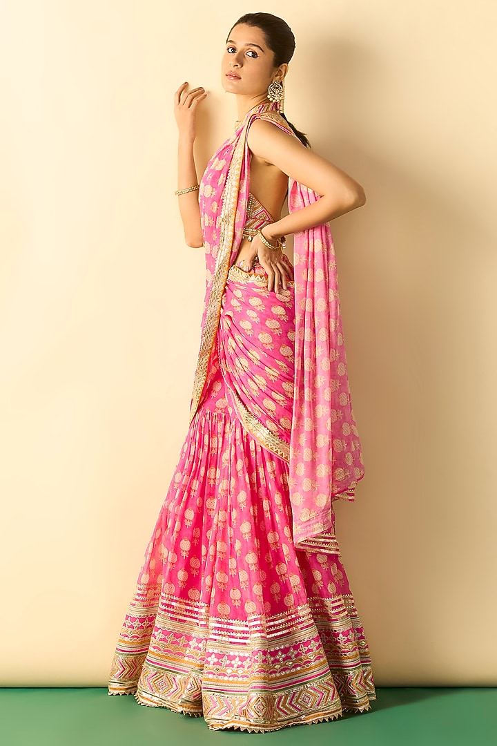 Rani Pink Georgette Polka Dot Printed Sharara Wedding Saree Set by Gopi Vaid at Pernia's Pop Up Shop