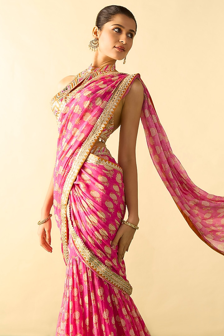 Rani Pink Georgette Polka Dot Printed Sharara Wedding Saree Set by Gopi Vaid at Pernia's Pop Up Shop