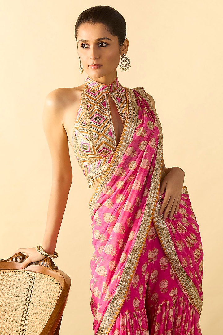 Rani Pink Georgette Polka Dot Printed Sharara Wedding Saree Set by Gopi Vaid at Pernia's Pop Up Shop
