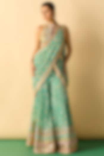 Aqua Georgette Polka Dot Printed Sharara Wedding Saree Set by Gopi Vaid at Pernia's Pop Up Shop