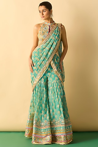 Aqua Georgette Polka Dot Printed Sharara Saree Set by Gopi Vaid