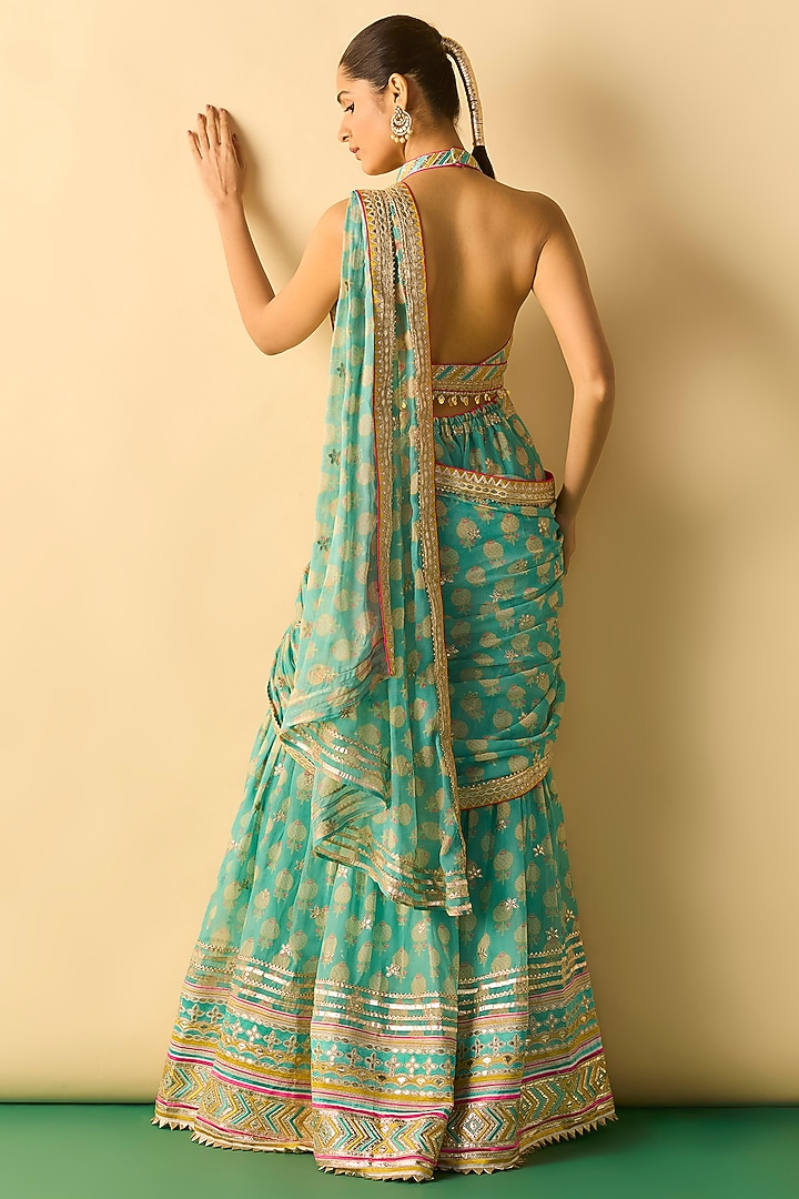 Aqua Georgette Polka Dot Printed Sharara Wedding Saree Set by Gopi Vaid at Pernia's Pop Up Shop