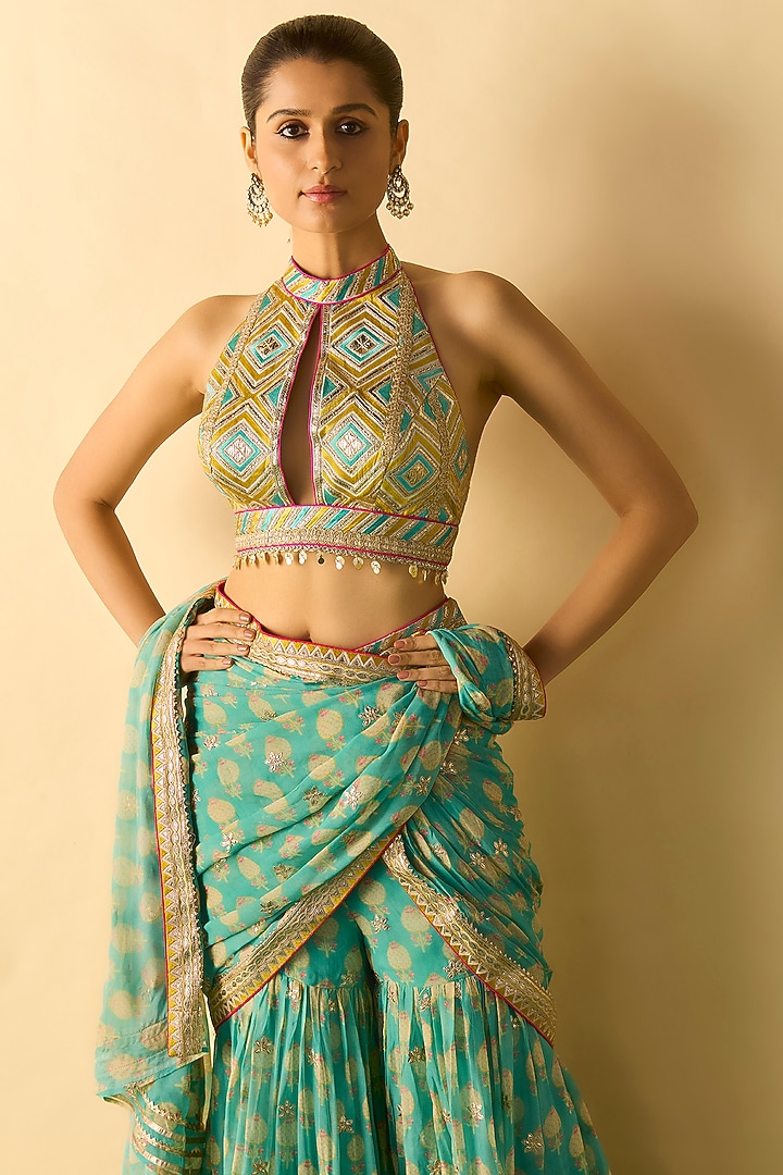 Aqua Georgette Polka Dot Printed Sharara Wedding Saree Set by Gopi Vaid at Pernia's Pop Up Shop