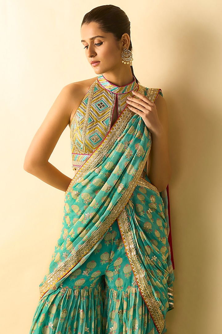 Aqua Georgette Polka Dot Printed Sharara Wedding Saree Set by Gopi Vaid at Pernia's Pop Up Shop