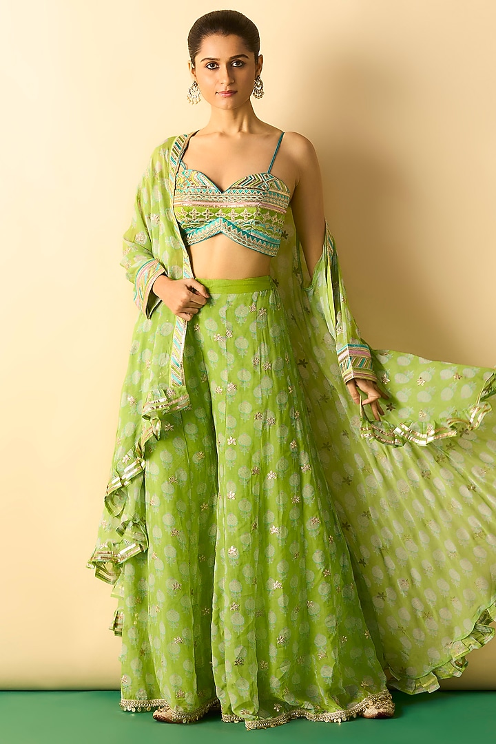 Lime Green Georgette Boots Printed Cape Set by Gopi Vaid at Pernia's Pop Up Shop