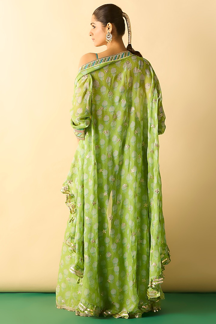 Lime Green Georgette Boots Printed Cape Set by Gopi Vaid at Pernia's Pop Up Shop