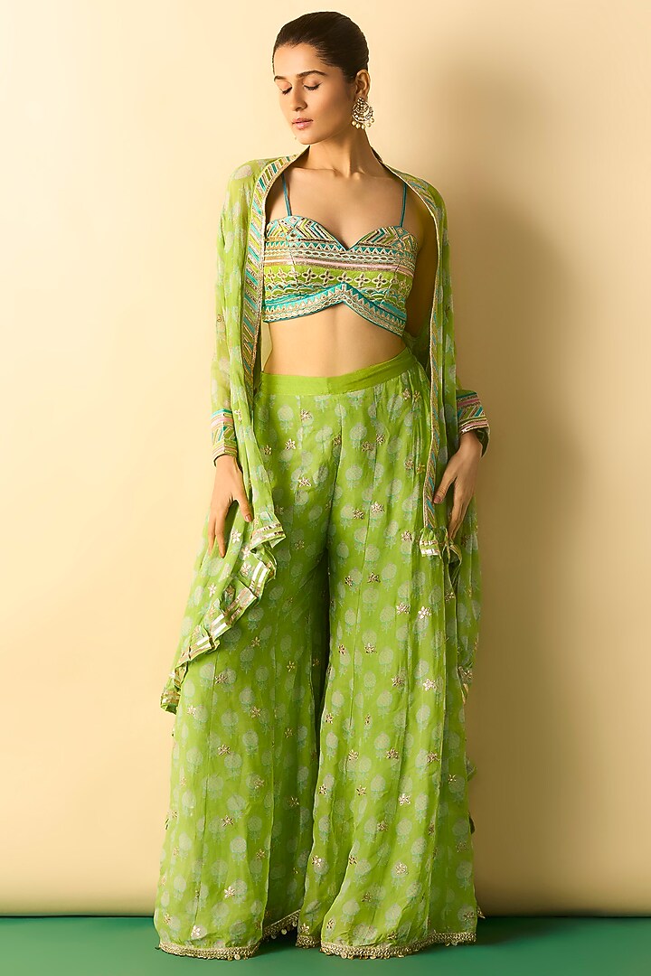Lime Green Georgette Boots Printed Cape Set by Gopi Vaid at Pernia's Pop Up Shop