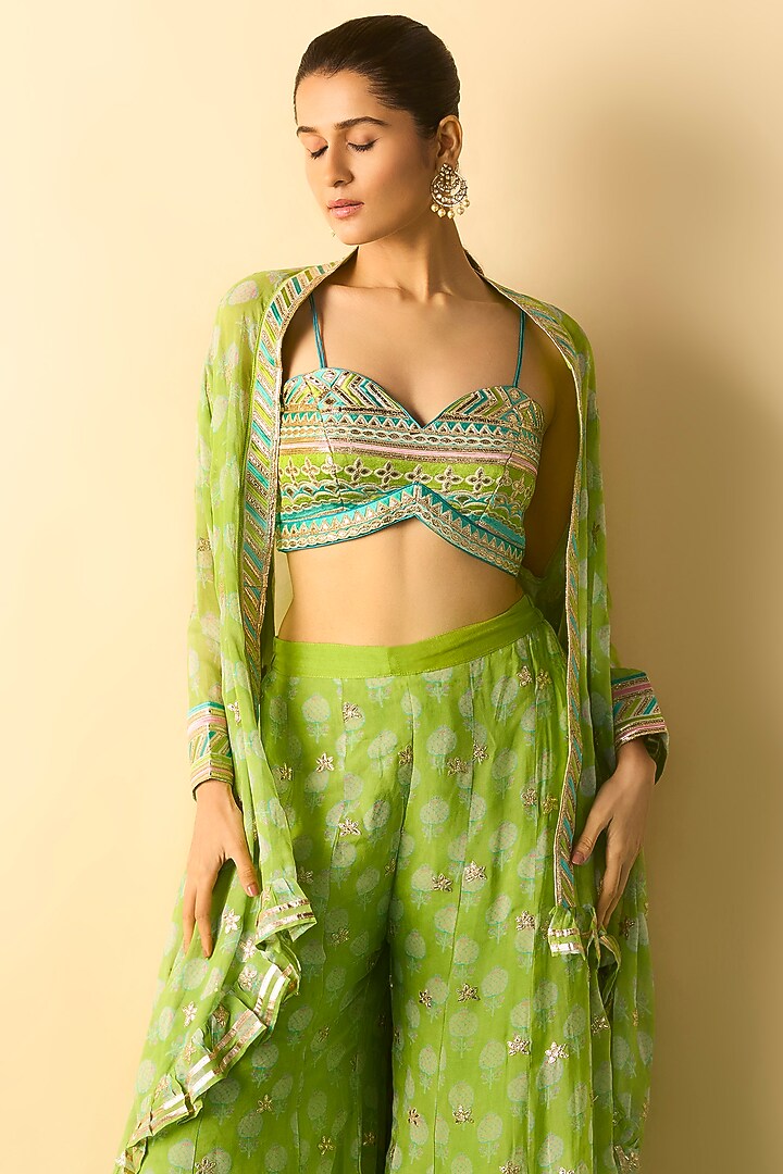 Lime Green Georgette Boots Printed Cape Set by Gopi Vaid at Pernia's Pop Up Shop
