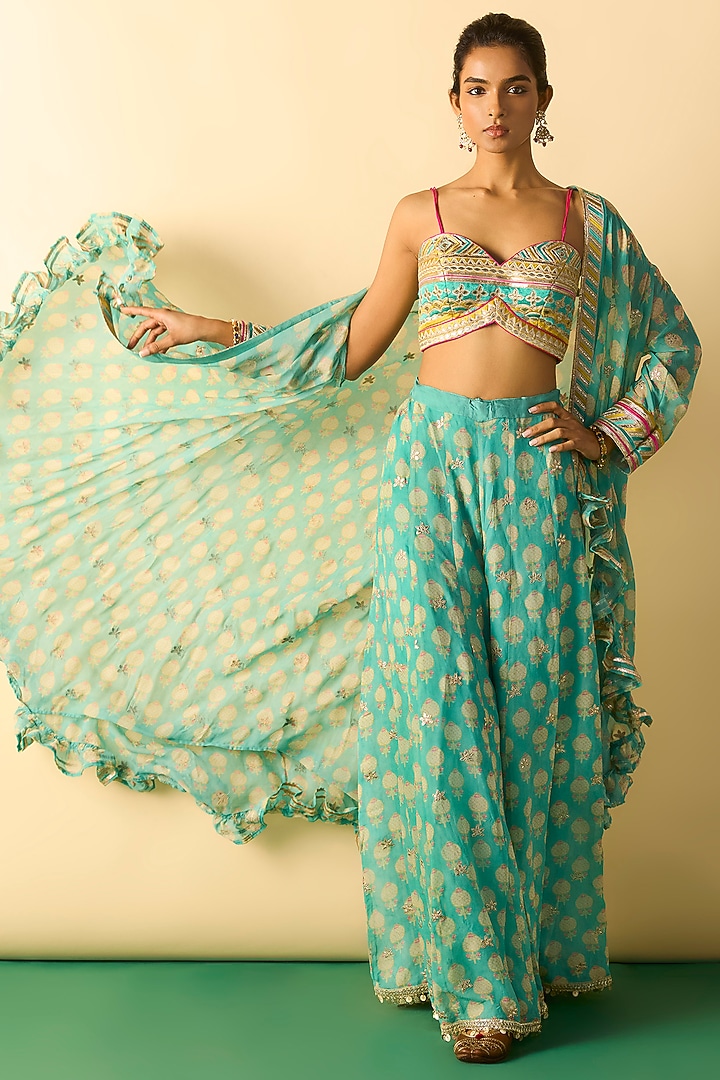 Aqua Georgette Boota Printed Cape Set by Gopi Vaid at Pernia's Pop Up Shop