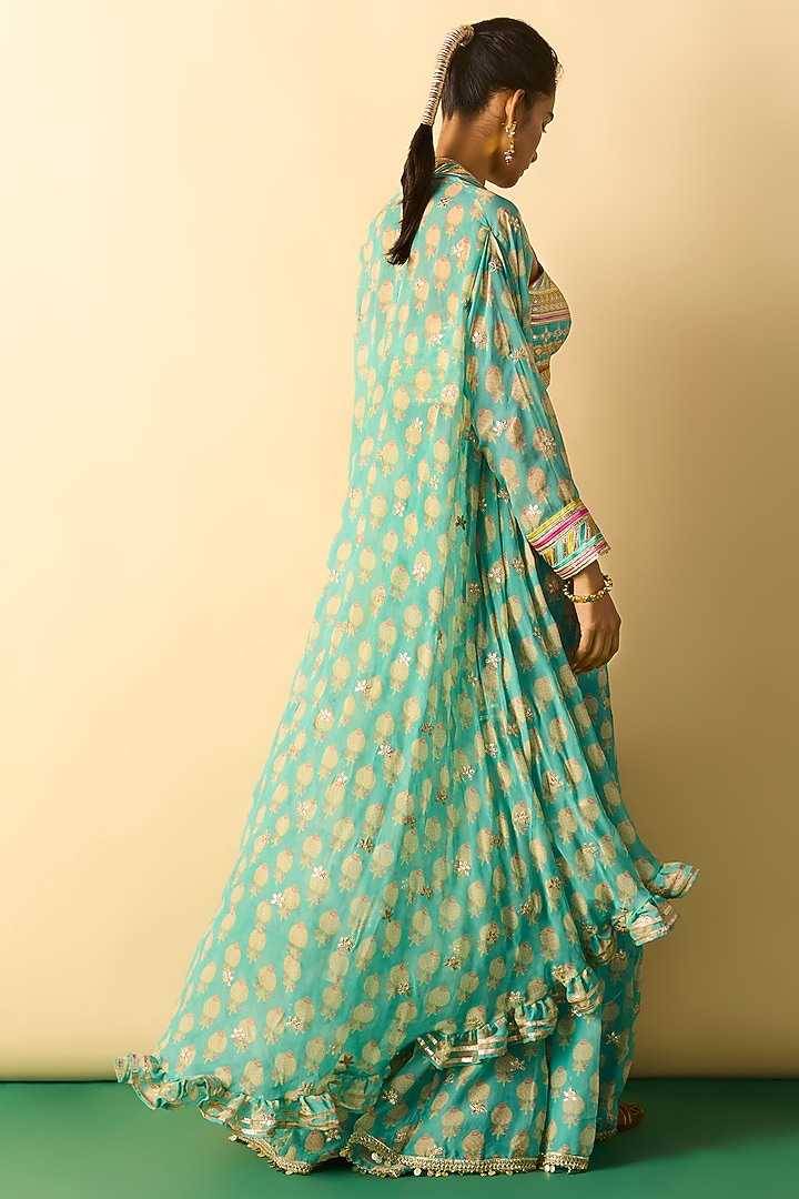 Aqua Georgette Boota Printed Cape Set by Gopi Vaid at Pernia's Pop Up Shop