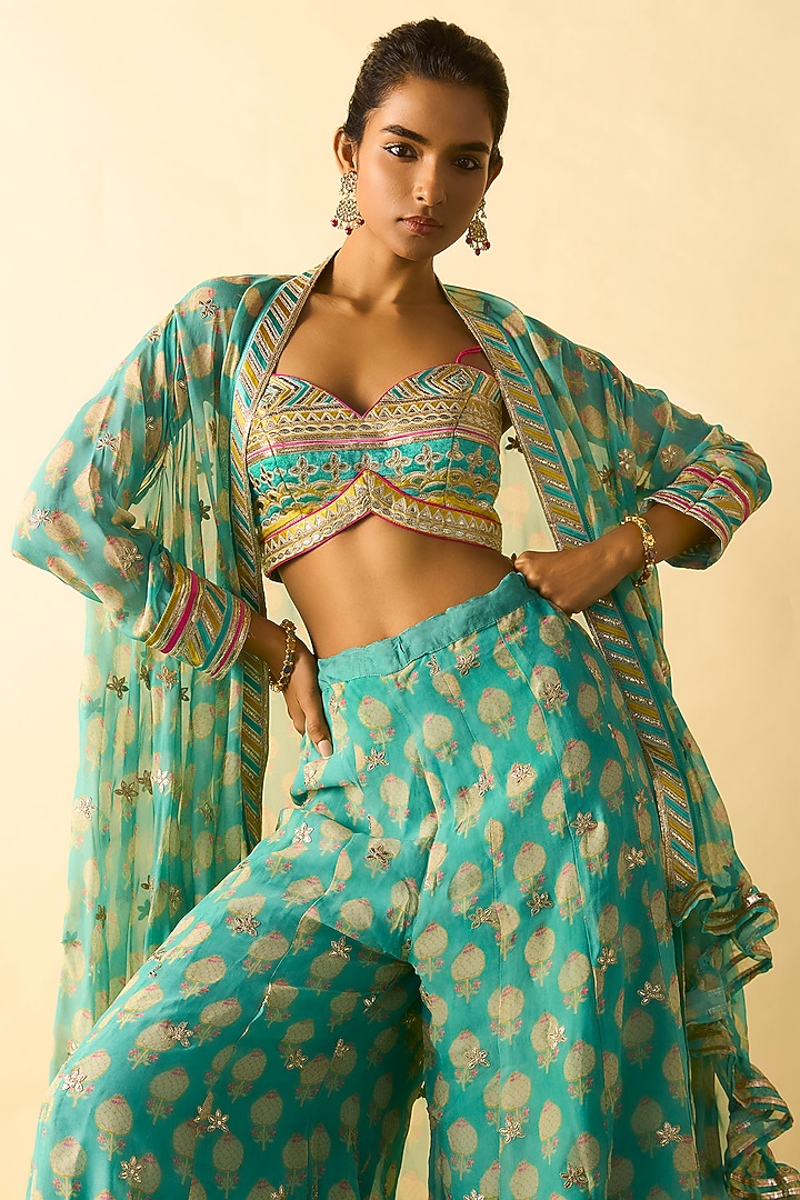 Aqua Georgette Boota Printed Cape Set by Gopi Vaid at Pernia's Pop Up Shop