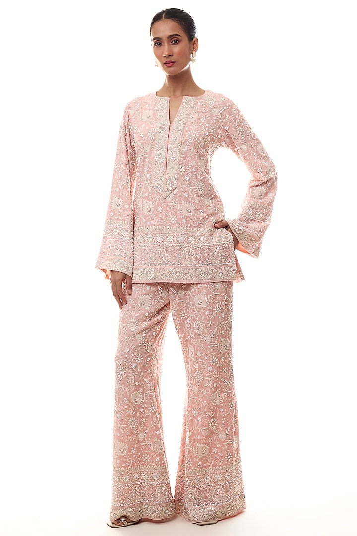 Soft Pink Georgette Chikankari Embellished Kurta Set by GOPI VAID at Pernia's Pop Up Shop