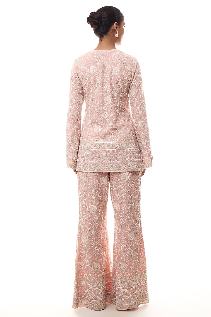 Soft Pink Georgette Chikankari Embellished Kurta Set by GOPI VAID at Pernia's Pop Up Shop
