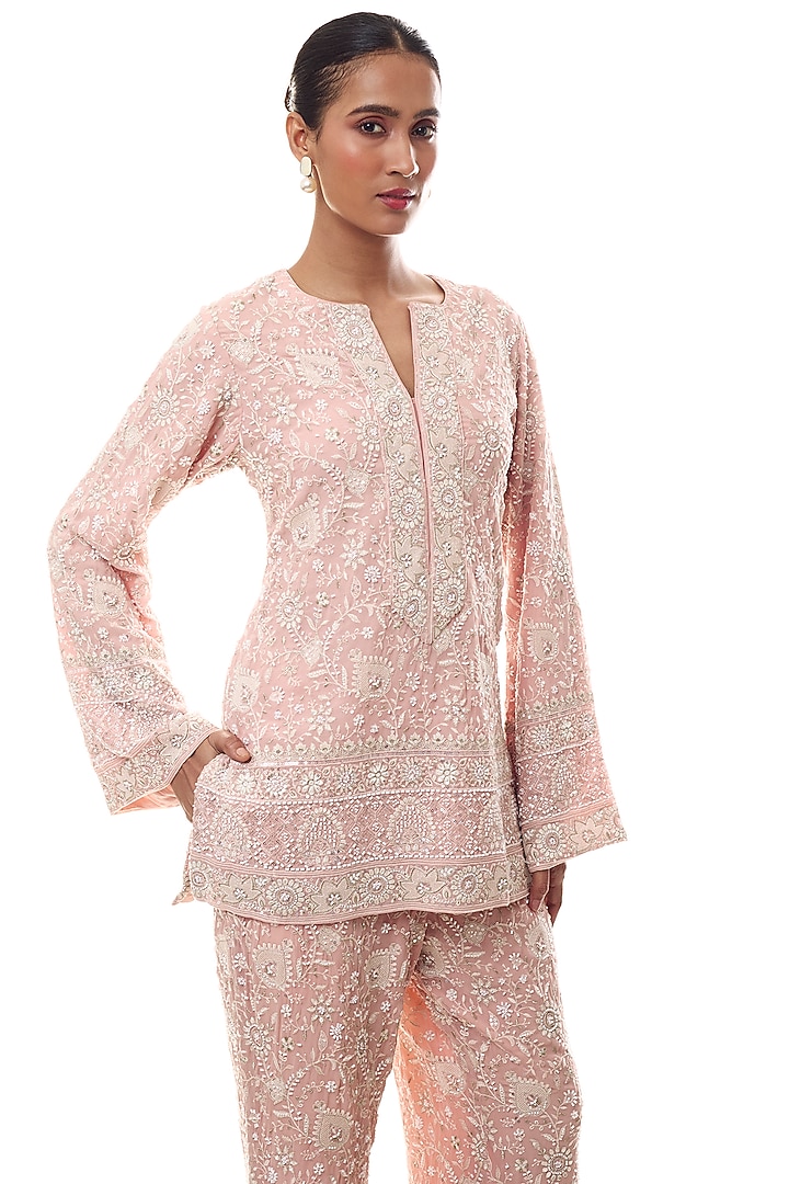 Soft Pink Georgette Chikankari Embellished Kurta Set by GOPI VAID at Pernia's Pop Up Shop