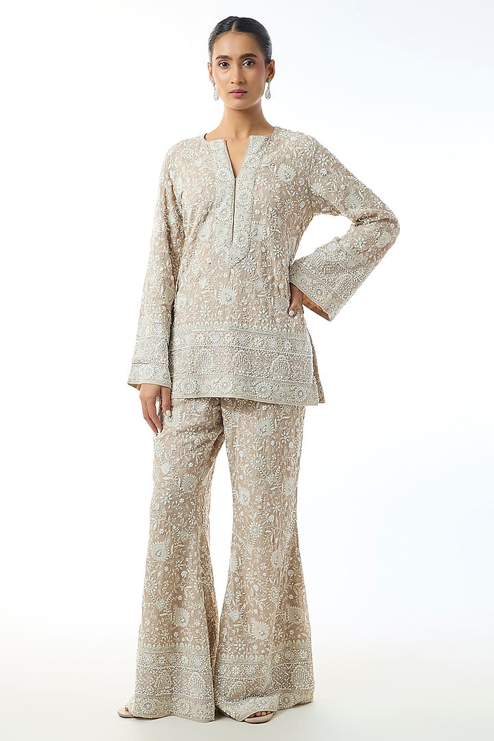 Beige Chikankari Georgette Embroidered Co-Ord Set by GOPI VAID at Pernia's Pop Up Shop