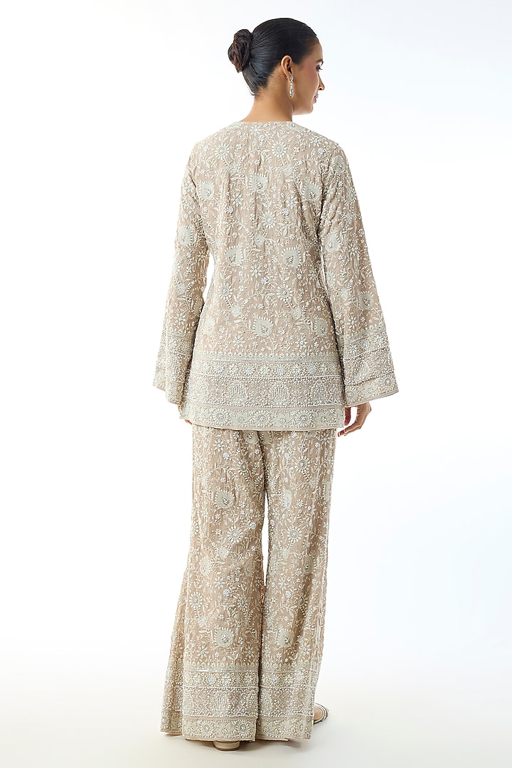 Beige Chikankari Georgette Embroidered Co-Ord Set by GOPI VAID at Pernia's Pop Up Shop