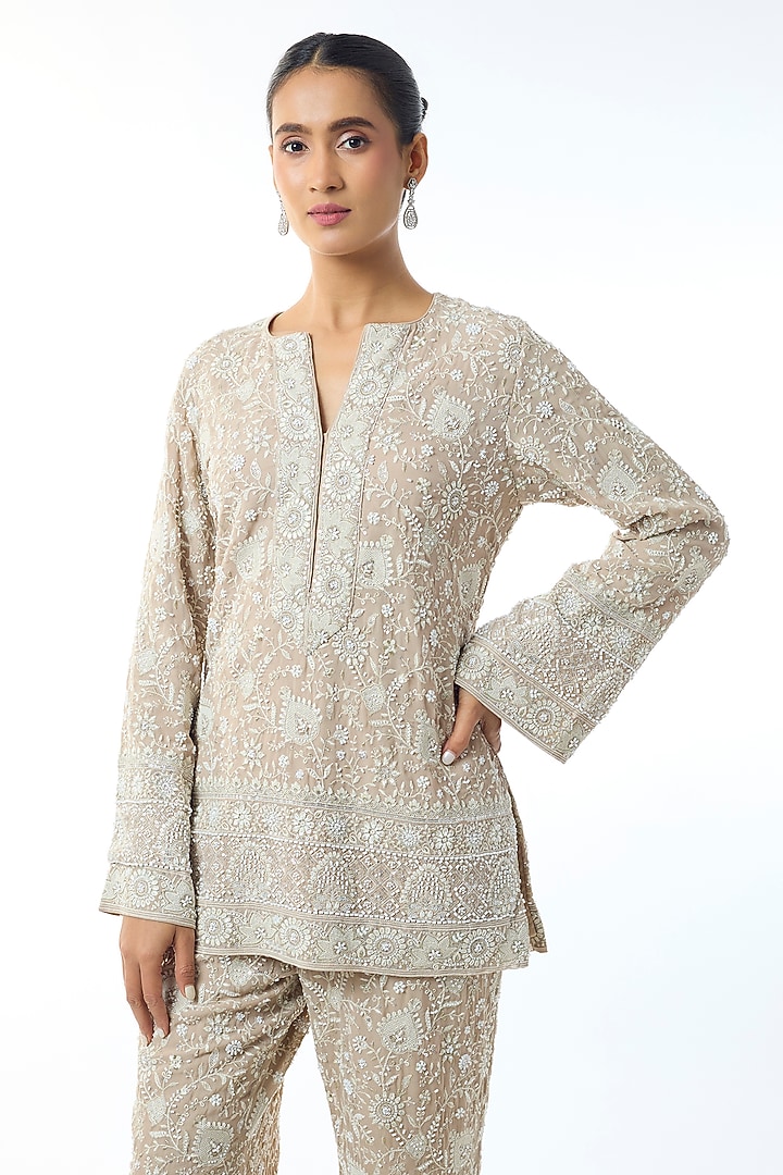 Beige Chikankari Georgette Embroidered Co-Ord Set by GOPI VAID at Pernia's Pop Up Shop