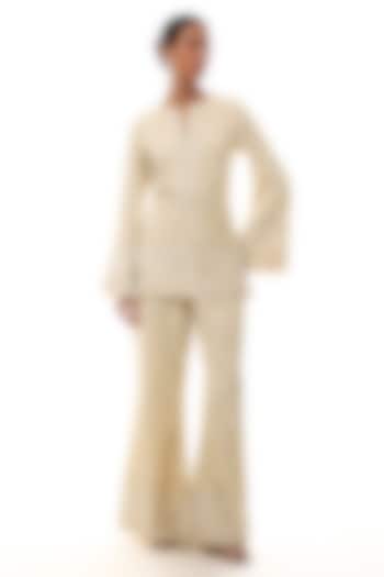 Pale Yellow Georgette Chikankari Embellished Kurta Set by GOPI VAID at Pernia's Pop Up Shop