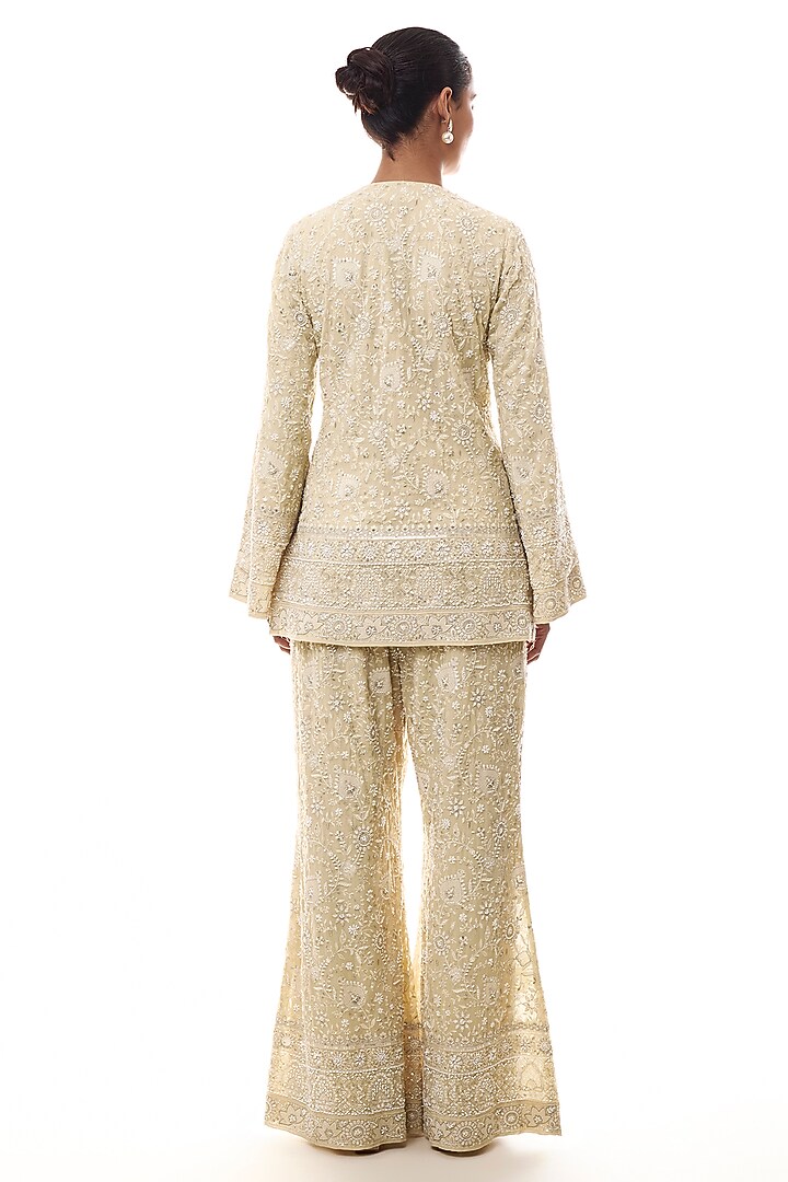 Pale Yellow Georgette Chikankari Embellished Kurta Set by GOPI VAID at Pernia's Pop Up Shop