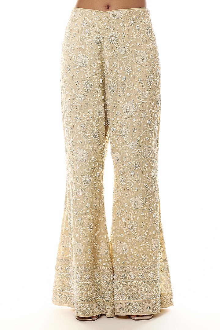 Pale Yellow Georgette Chikankari Embellished Kurta Set by GOPI VAID at Pernia's Pop Up Shop
