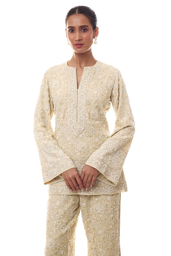 Pale Yellow Georgette Chikankari Embellished Kurta Set by GOPI VAID at Pernia's Pop Up Shop