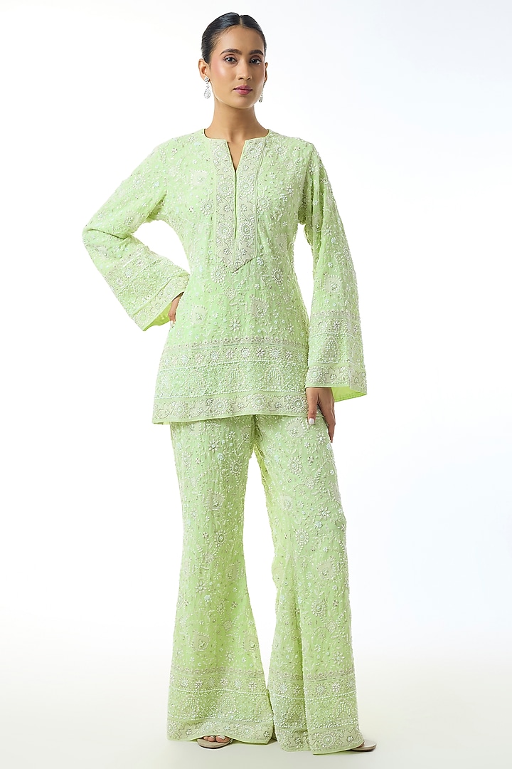 Light Green Chikankari Georgette Embroidered Co-Ord Set by GOPI VAID at Pernia's Pop Up Shop