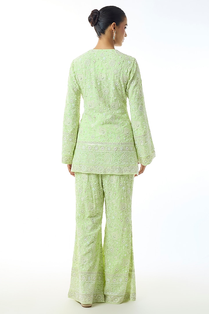 Light Green Chikankari Georgette Embroidered Co-Ord Set by GOPI VAID at Pernia's Pop Up Shop