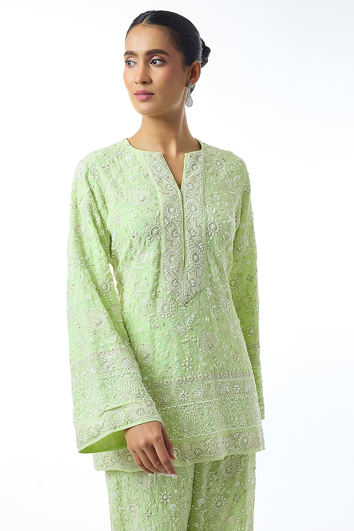 Light Green Chikankari Georgette Embroidered Co-Ord Set by GOPI VAID at Pernia's Pop Up Shop