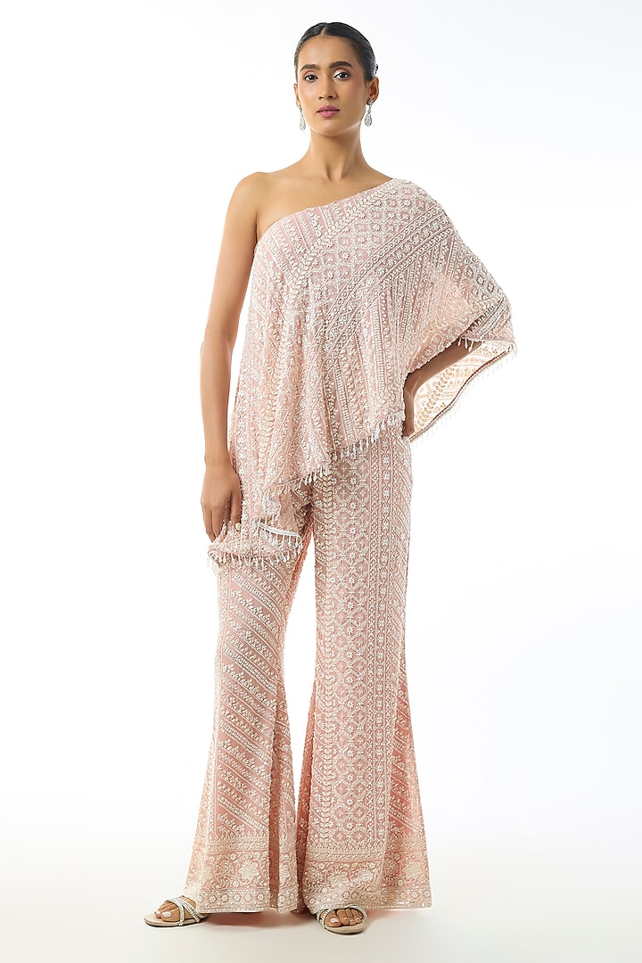 Light Pink Chikankari Georgette One Shoulder Co-Ord Set by GOPI VAID at Pernia's Pop Up Shop