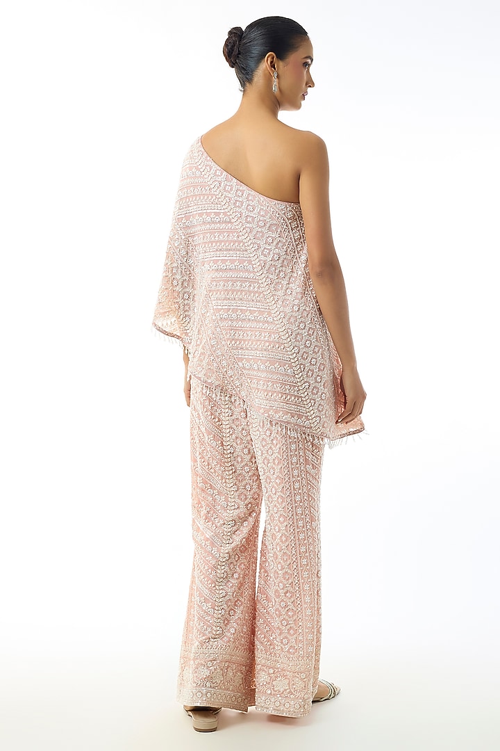 Light Pink Chikankari Georgette One Shoulder Co-Ord Set by GOPI VAID at Pernia's Pop Up Shop