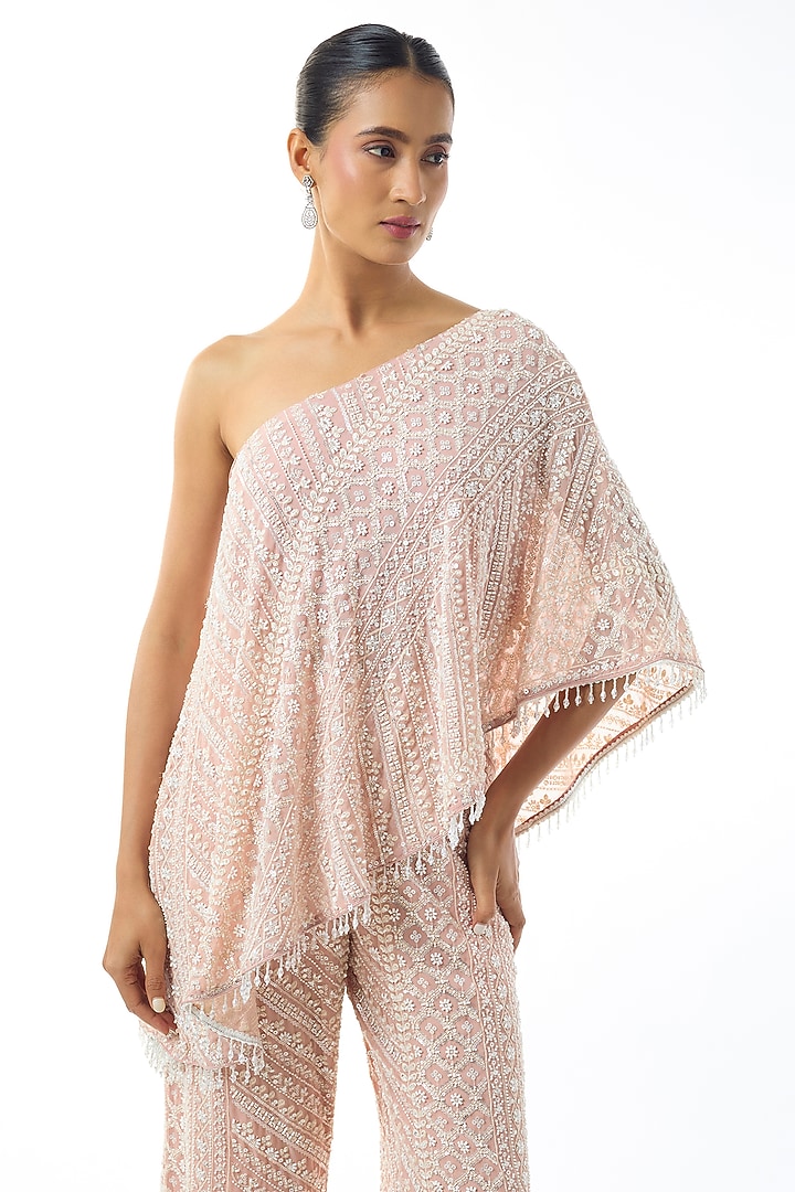 Light Pink Chikankari Georgette One Shoulder Co-Ord Set by GOPI VAID at Pernia's Pop Up Shop