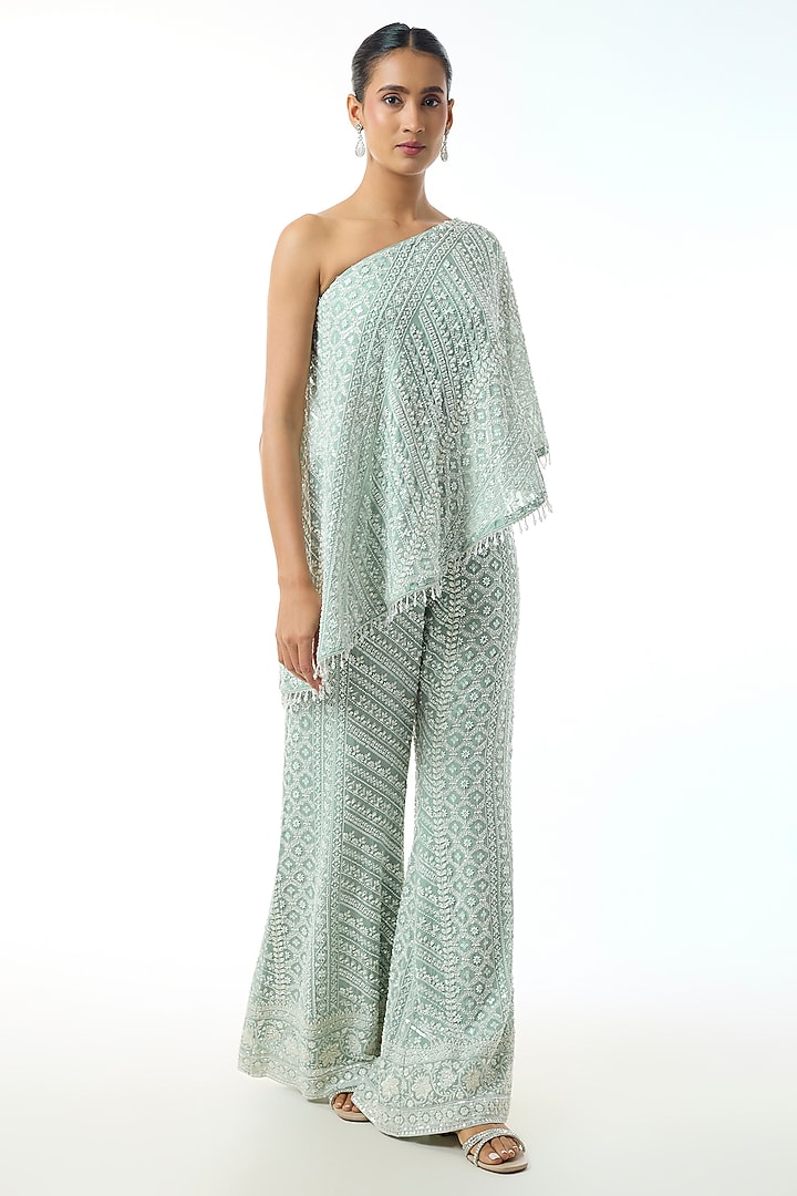 Blue Chikankari Georgette One Shoulder Co-Ord Set by GOPI VAID at Pernia's Pop Up Shop