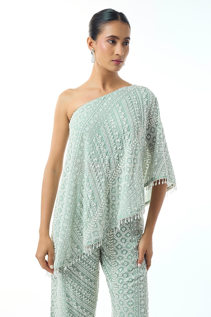 Blue Chikankari Georgette One Shoulder Co-Ord Set by GOPI VAID at Pernia's Pop Up Shop