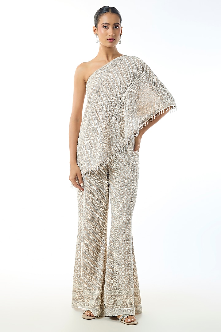 Brown Chikankari Georgette One Shoulder Co-Ord Set by GOPI VAID at Pernia's Pop Up Shop