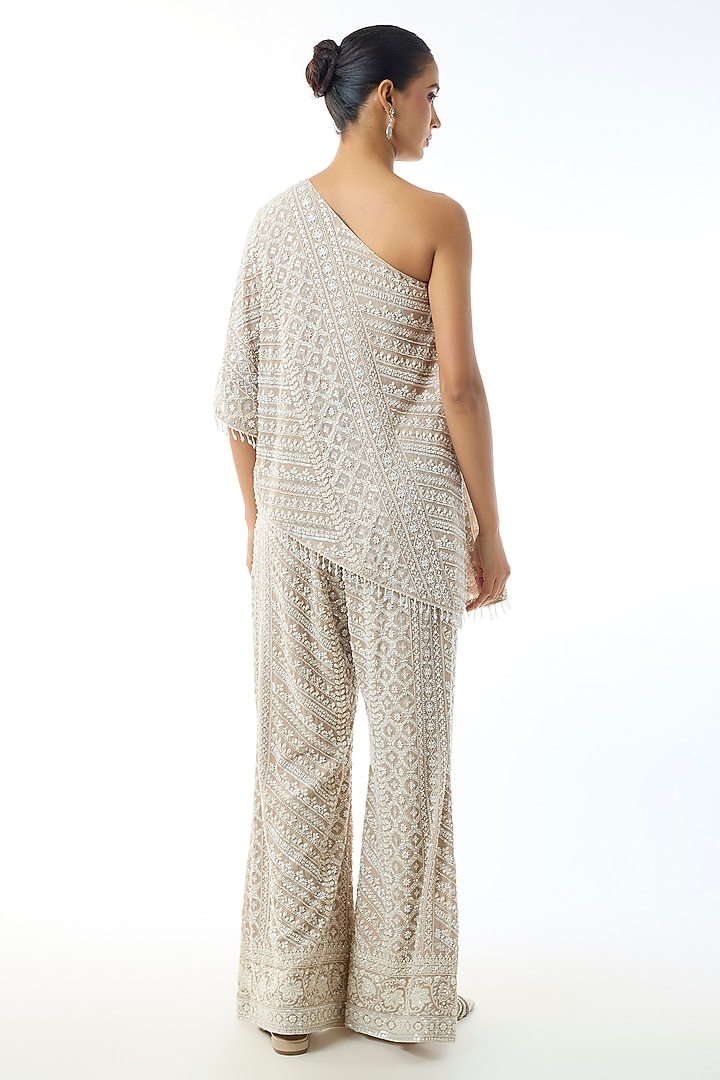 Brown Chikankari Georgette One Shoulder Co-Ord Set by GOPI VAID at Pernia's Pop Up Shop