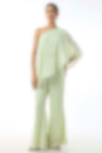 Light Green Chikankari Georgette One Shoulder Co-Ord Set by GOPI VAID at Pernia's Pop Up Shop