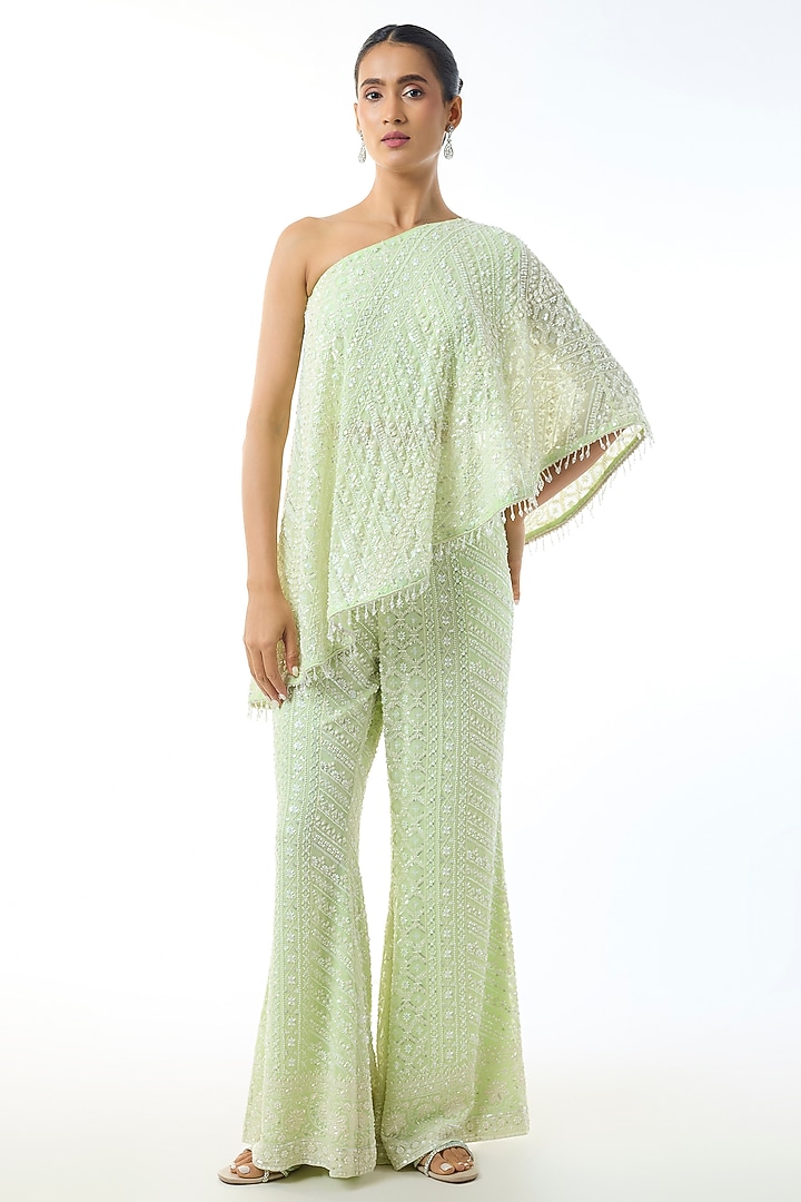 Light Green Chikankari Georgette One Shoulder Co-Ord Set by GOPI VAID at Pernia's Pop Up Shop