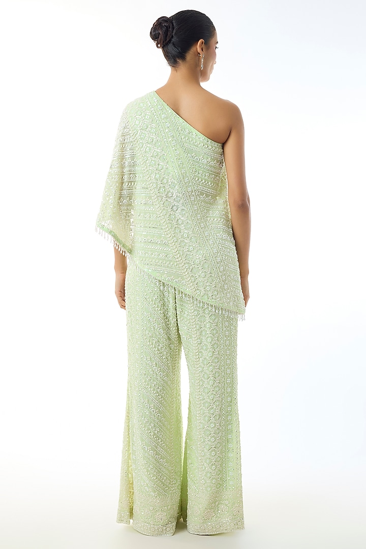 Light Green Chikankari Georgette One Shoulder Co-Ord Set by GOPI VAID at Pernia's Pop Up Shop