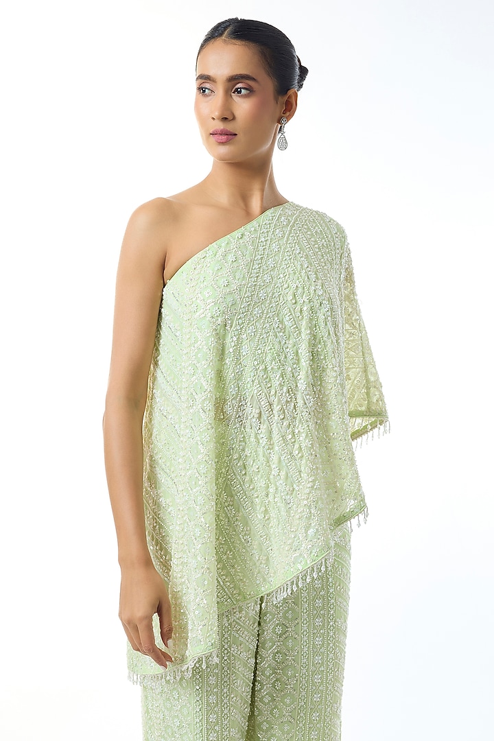 Light Green Chikankari Georgette One Shoulder Co-Ord Set by GOPI VAID at Pernia's Pop Up Shop