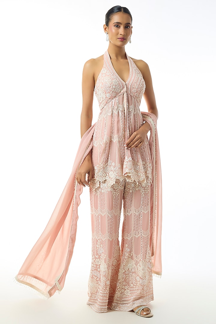 Light Pink Chikankari Georgette Embroidered Wedding Sharara Set by GOPI VAID at Pernia's Pop Up Shop