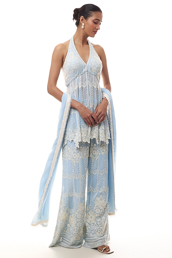 Blue Georgette Chikankari Embellished Halter Kurta Set by GOPI VAID at Pernia's Pop Up Shop