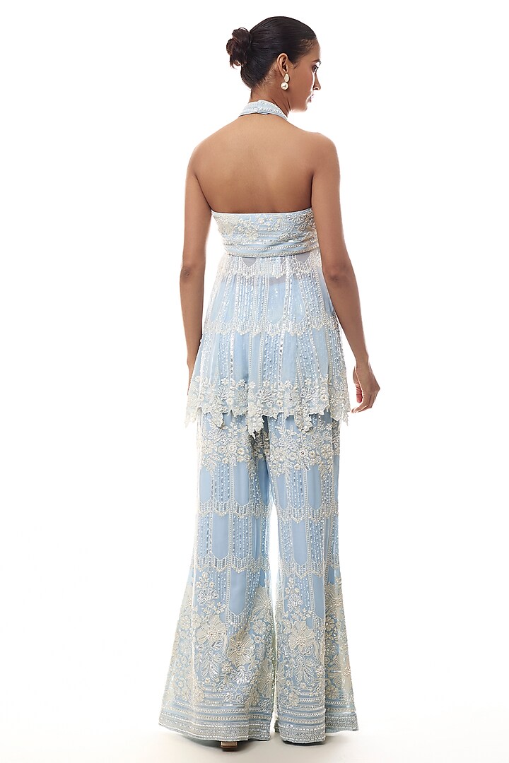 Blue Georgette Chikankari Embellished Halter Kurta Set by GOPI VAID at Pernia's Pop Up Shop