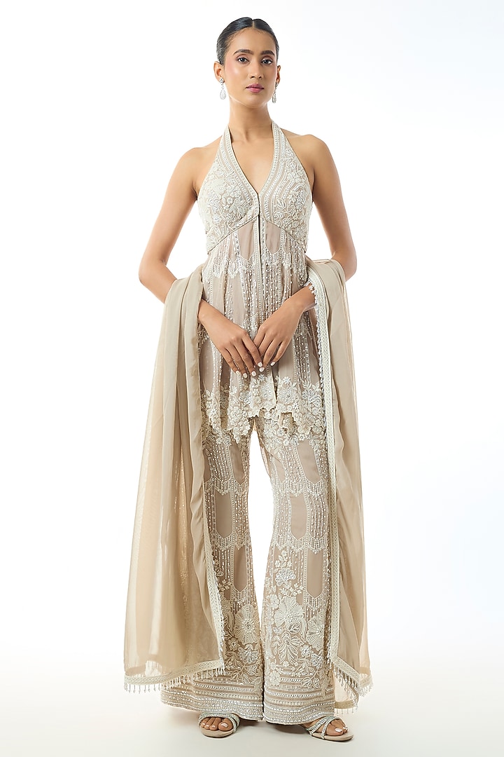 Beige Chikankari Georgette Embroidered Wedding Sharara Set by GOPI VAID at Pernia's Pop Up Shop