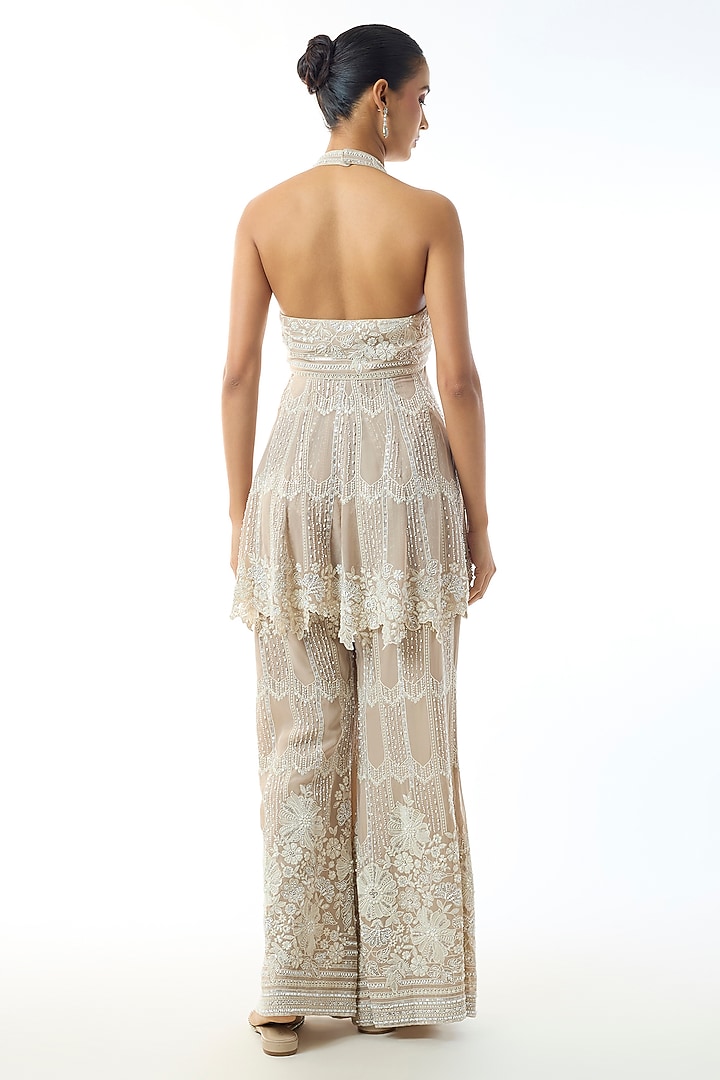 Beige Chikankari Georgette Embroidered Wedding Sharara Set by GOPI VAID at Pernia's Pop Up Shop