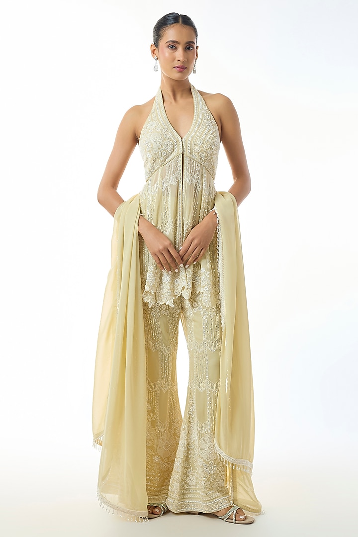 Pale Yellow Chikankari Georgette Embroidered Wedding Sharara Set by GOPI VAID at Pernia's Pop Up Shop