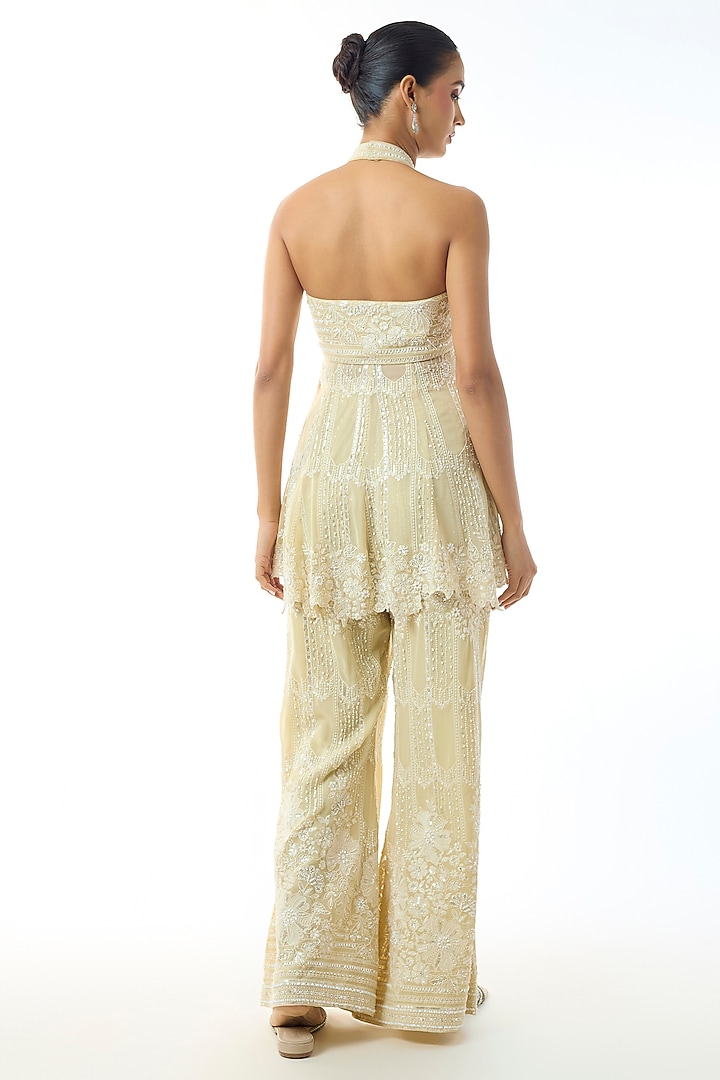 Pale Yellow Chikankari Georgette Embroidered Wedding Sharara Set by GOPI VAID at Pernia's Pop Up Shop